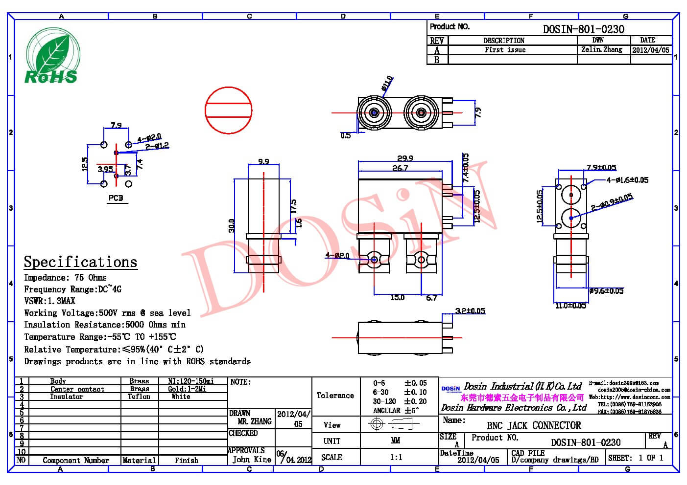 BNC同轴高清接PCB板母头弯式连接器插板式穿墙